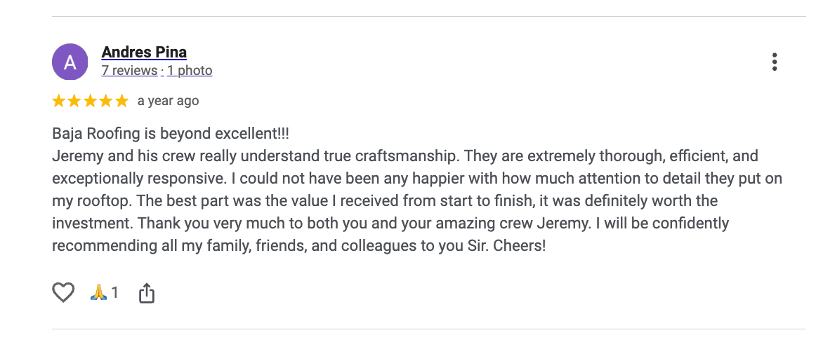 Andres Pina — Google Review for Baja Roofing