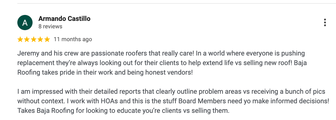 Armando Castillo — Google Review for Baja Roofing