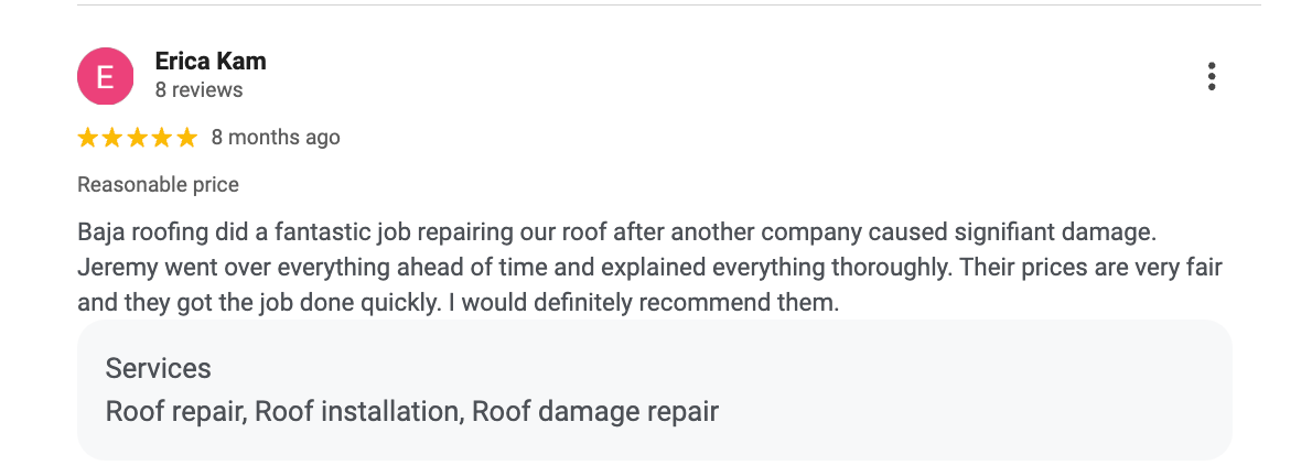 Erica Kam — Google Review for Baja Roofing