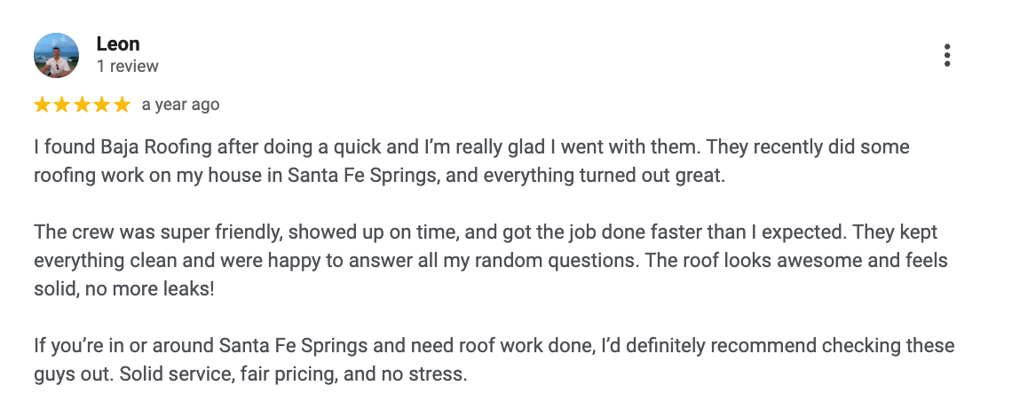 Leon — Google Review for Baja Roofing